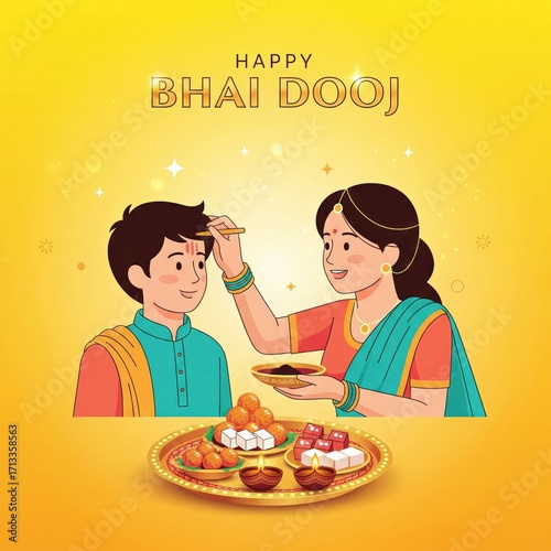Brother and sister celebrate Bhai Dooj with sweets and tilak application Indian festival