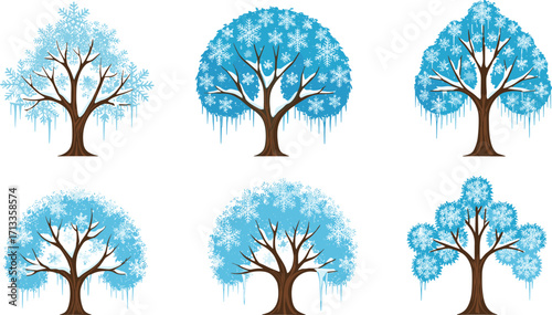 Winter snowflake trees illustration, frosty seasonal design, icy branches with frozen leaves, decorative cold nature vector art, Christmas holiday background