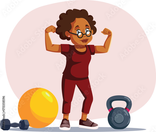 Happy Granny Working out Using Weights Vector Character. Energetic senior woman of african ethnicity, flexing her muscles
