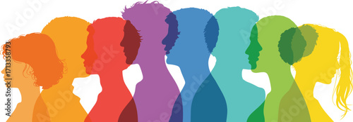 Colorful diverse human silhouettes, multicultural profiles, inclusion and unity concept, vibrant artistic design, equality representation, diversity illustration
