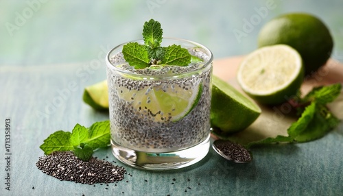Diet Vegan Cocktail With Chia Seeds Lime And Mint
