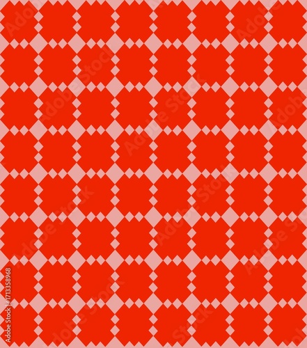 Seamless geometric pattern with bold red floral star shapes on a soft pink background, modern retro style.