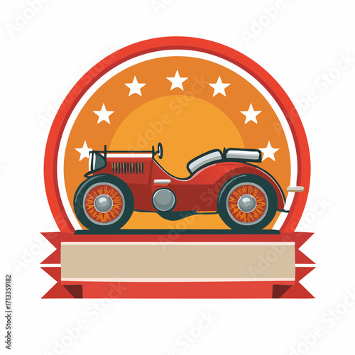 Vintage Red Roadster Car Emblem with Stars and Banner for Design