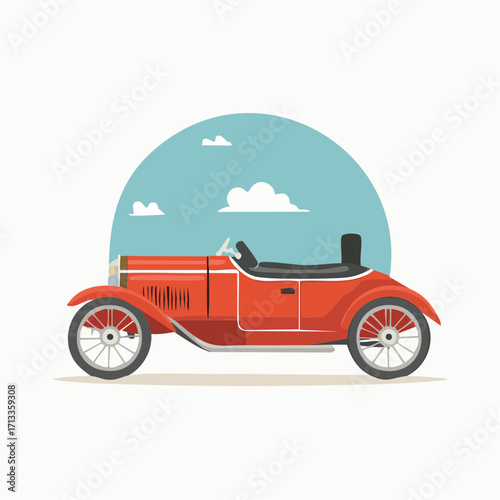 Vibrant retro vector illustration of a classic red convertible car driving under a clear sky, perfect for nostalgic design projects