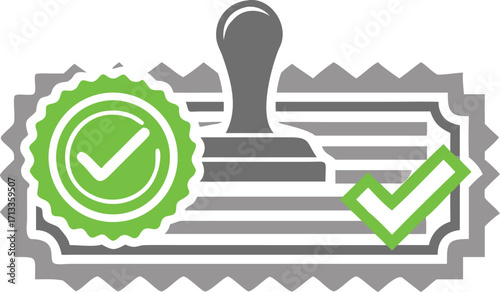 Approved stamp with check marks and a handle on top of a gray jagged edged document illustration