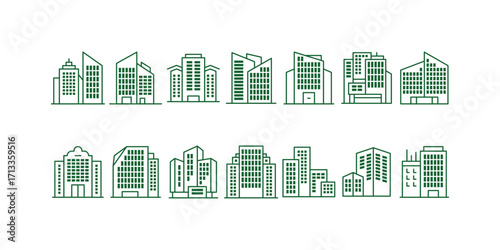 Comprehensive vector building icon collection featuring apartments, skyscrapers, and architecture symbols perfect for real estate, urban planning, and corporate branding