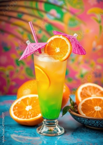 Refreshing tropical drink with orange slices and a pink umbrella against a vibrant backdrop drink, umbrella, cocktail, summer 