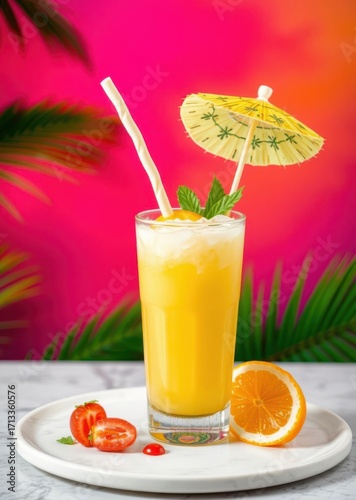 Refreshing tropical drink with cream straw and umbrella garnish against a vibrant gradient backdrop drink, umbrella, cocktail, summer 