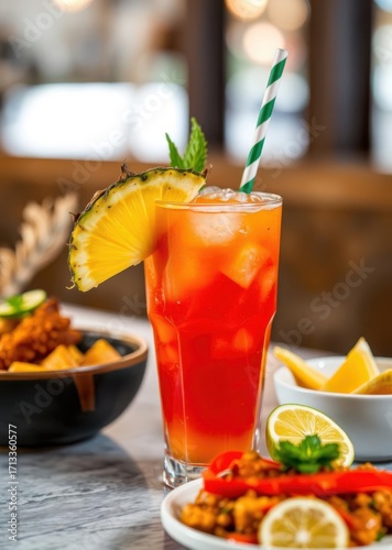 Refreshing tropical drink with pineapple slice drink, umbrella, cocktail, summer 