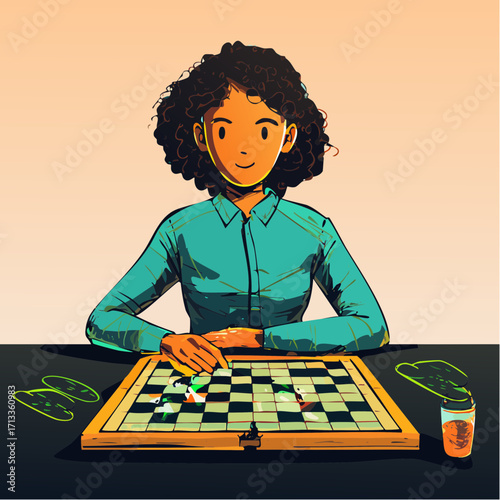 Smiling woman plays chess, focused strategy, wooden board, game pieces.