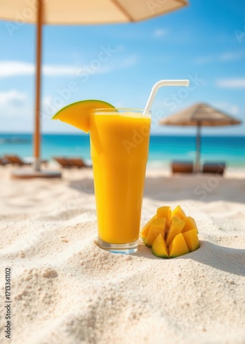 Refreshing tropical mango juice placed on the sandy beach paired with ripe mango chunks under a sunny sky near a peaceful ocean backdrop and a beach umbrella drink, umbrella, cocktail, summer 