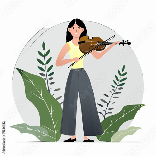 Woman playing violin amidst stylized foliage.