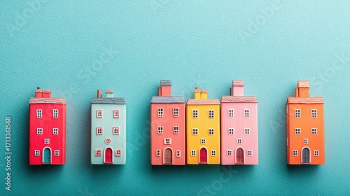 Colorful row of houses illustrating housing-first investment platform concept focused on funding for community growth