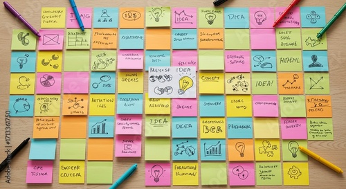 Creative Brainstorming Session with Colorful Sticky Notes on a Wooden Desk