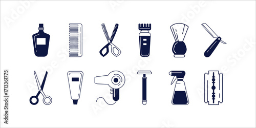 Comprehensive collection of barber shop accessories, tools, and cosmetics icons perfect for grooming, hairdressing, salon services, and personal care-related vector design projects