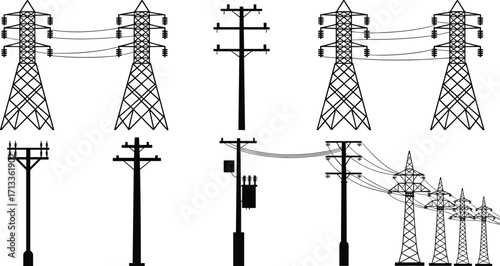 High voltage transmission towers, electrical utility poles, power distribution lines, energy infrastructure silhouettes, electricity grid network, industrial engineering, renewable energy concept