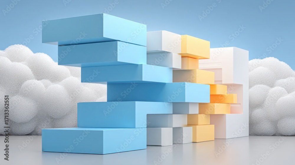 Fototapeta premium Majestic cube tower rising against a backdrop of fluffy clouds in a beautiful blue sky