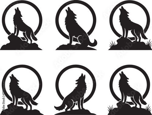 Mysterious Wolf Silhouette: Six graphic silhouettes of a howling wolf set against a stark, circular moon backdrop, embodying primal wilderness and nocturnal solitude.