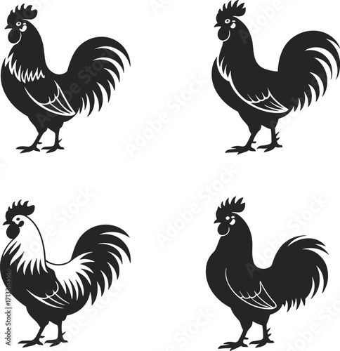 Rooster silhouette illustration, black and white vector, stylized farm animal design, minimalist poultry artwork, decorative bird graphic, isolated clipart