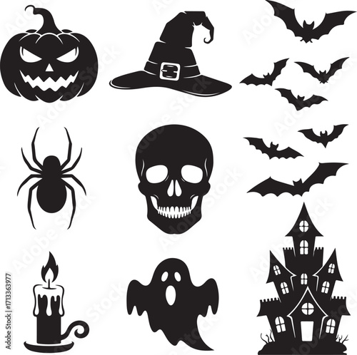 Shadows of Halloween: A collection of iconic Halloween silhouettes including a grinning pumpkin, a witch hat, soaring bats, a creepy spider, a skull, a burning candle, a ghost, and a haunted house.