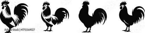 Rooster silhouette, stylized chicken, farm animal icon, minimalist bird design, abstract poultry, graphic rooster, black rooster, vector illustration, decorative motif, side profile