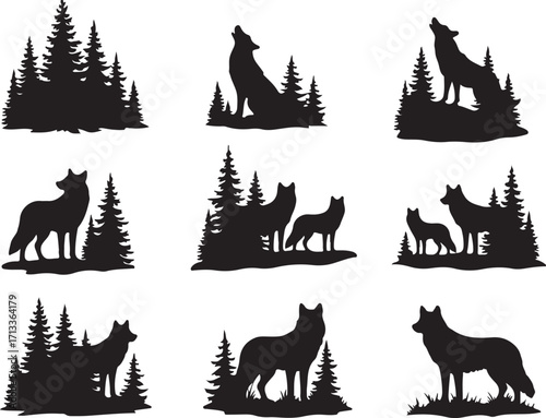 Wolf Silhouette Collection: A collection of evocative wolf silhouettes, each set against a backdrop of stylized trees, creates a striking visual narrative for creative design needs.