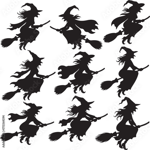 Witches' Silhouette: A mesmerizing collection of witches in silhouette gracefully fly through the night sky on broomsticks, offering a mystical and enchanting atmosphere.