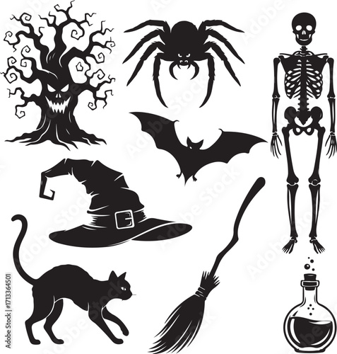 Halloween Silhouettes: A spooky collection of Halloween silhouettes, including a wicked tree, creepy spider, bat, witch's hat, black cat, broom, bubbling potion, and skeleton.