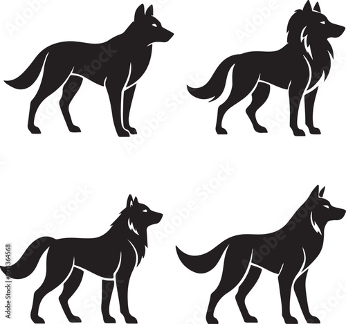 Wolf Silhouette Set: Elegant silhouettes of various wolf poses, perfect for design use, each depicting the animal in a graceful and dynamic stance. The monochromatic style adds a timeless appeal