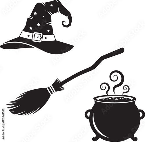 Mystical Halloween Essentials: A witch's hat, broom, and cauldron create a spooky scene for Halloween, inviting intrigue and excitement.