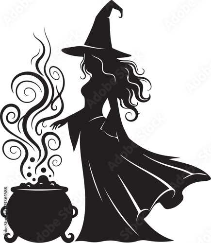 Mystical Witch Silhouette: A dark and mysterious silhouette of a witch, cloaked in elegant attire, casting a spell over a bubbling cauldron, capturing a timeless and enchanting scene.