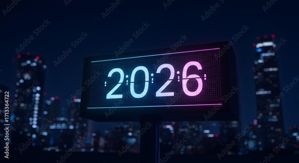 Obraz premium Illuminating Future: A vibrant digital display showcases the year 2026 against the backdrop of a captivating cityscape, capturing a sense of anticipation and modernity.