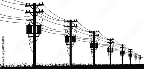 Silhouette of utility poles with power lines, transformers, and insulators, electricity distribution infrastructure in rural outdoor landscape for energy transmission