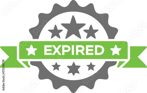 Illustration of a gray scalloped badge with stars and a green banner that says expired on it