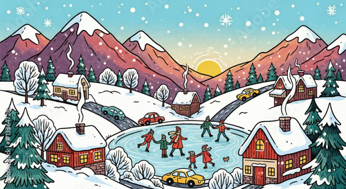 Adobe illustrator artwork vector illustration of a vibrant winter wonderland scene with people ice skating on a frozen pond surrounded by snowy houses, mountains, and colorful trees under a sunny sky.