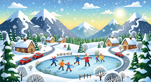 Adobe illustrator artwork vector illustration of a vibrant winter wonderland scene with people ice skating on a frozen pond surrounded by snowy houses, mountains, and colorful trees under a sunny sky.