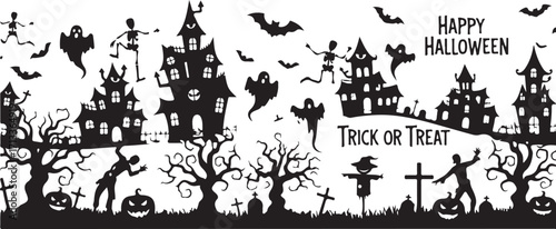 Spooky Halloween Banner: An illustrative Halloween banner, featuring a creepy scene filled with haunted houses, spooky silhouettes, and a chilling atmosphere.