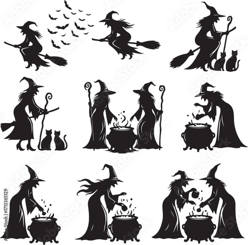 Mystical Witchcraft Scenes: A collection of witch silhouettes engaged in various magical activities, each scene embodying the essence of Halloween spirit with its mysterious charm.