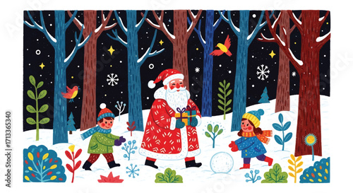 Adobe illustrator artwork vector illustration of Santa Claus walking with two happy children in a whimsical snowy forest, surrounded by colorful birds and unique plants, embodying festive wonder