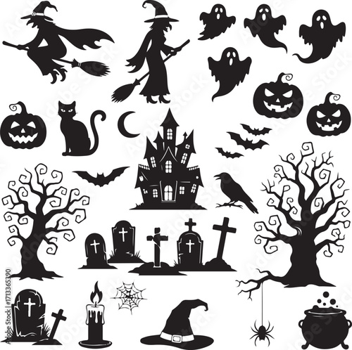 Halloween Silhouette Set: A spooky collection of silhouettes, perfect for Halloween, showcasing witches, ghosts, haunted houses, pumpkins.