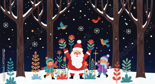 Adobe illustrator artwork vector illustration of Santa Claus walking with two happy children in a whimsical snowy forest, surrounded by colorful birds and unique plants, embodying festive wonder