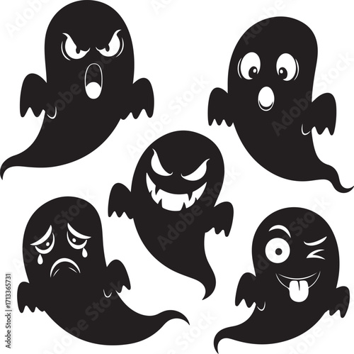 Mysterious Apparition: A collection of stylized black silhouettes depicting the essence of ghostly figures, each showcasing a unique emotion in a simple and evocative composition.
