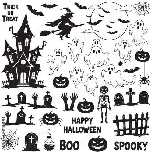 Spooky Halloween Set: A collection of festive Halloween-themed illustrations, featuring a haunted house, ghostly figures, and jack-o'-lanterns, conjuring a sense of festive cheer.