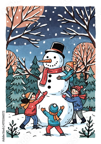 Adobe illustrator artwork vector illustration of cheerful children building a snowman in a snowy forest, capturing the joy of winter playtime under a gentle snowfall