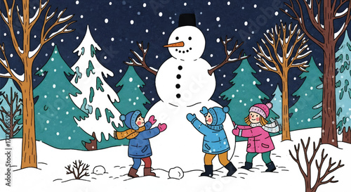 Adobe illustrator artwork vector illustration of cheerful children building a snowman in a snowy forest, capturing the joy of winter playtime under a gentle snowfall