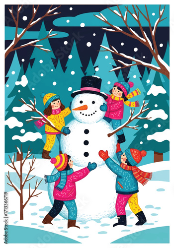 Adobe illustrator artwork vector illustration of cheerful children building a snowman in a snowy forest, capturing the joy of winter playtime under a gentle snowfall