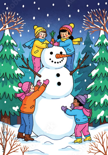 Adobe illustrator artwork vector illustration of cheerful children building a snowman in a snowy forest, capturing the joy of winter playtime under a gentle snowfall