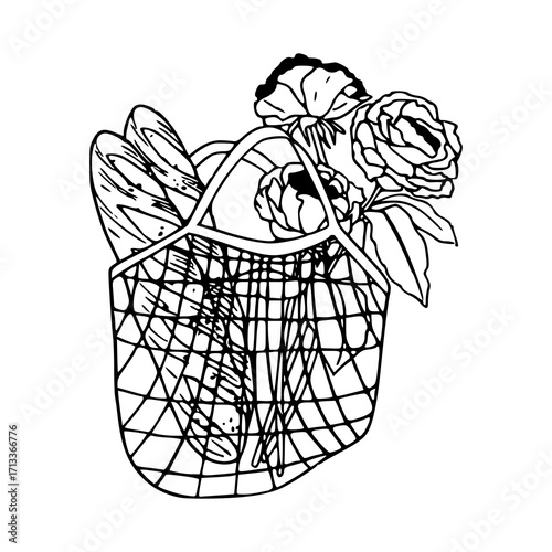 French market basket with baguettes and flowers line art