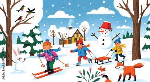 Adobe illustrator artwork vector illustration of a lively winter scene with children skiing, ice skating, and sledding, joined by a snowman, rabbit, and foxes near a cozy cabin