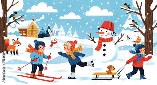 Adobe illustrator artwork vector illustration of a lively winter scene with children skiing, ice skating, and sledding, joined by a snowman, rabbit, and foxes near a cozy cabin